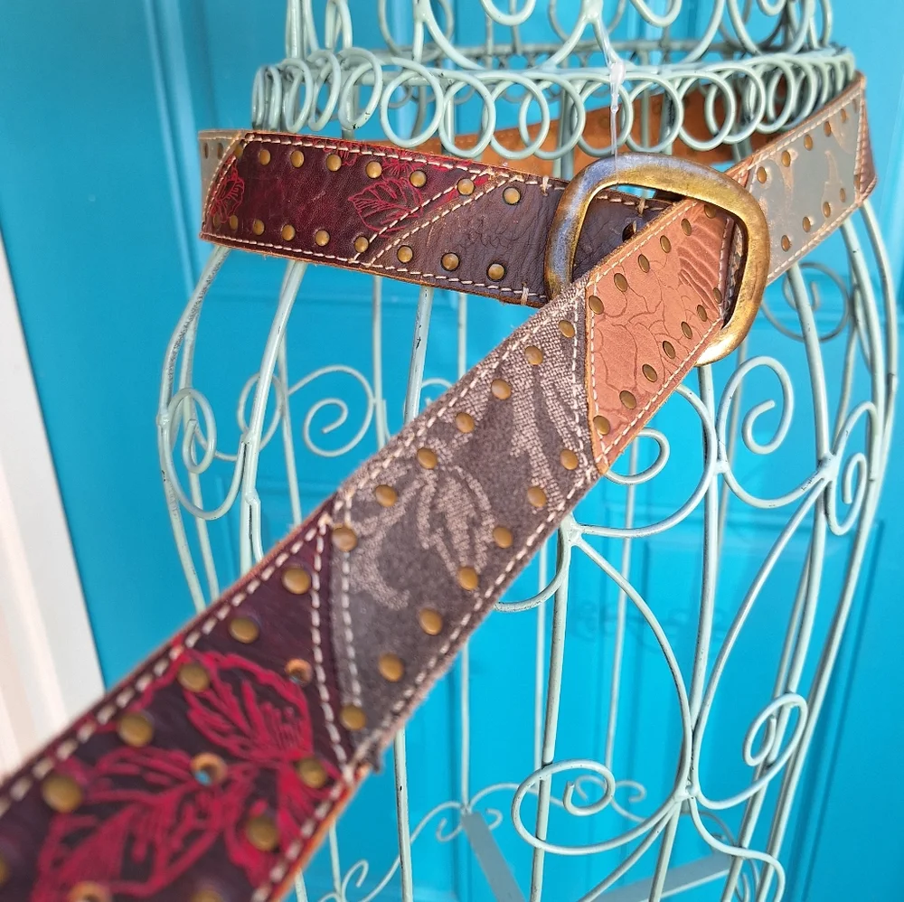 Genuine Leather Belt Metal Studded Embossed Patchwork Bohemian Tooled Womens - Picture 2 of 16